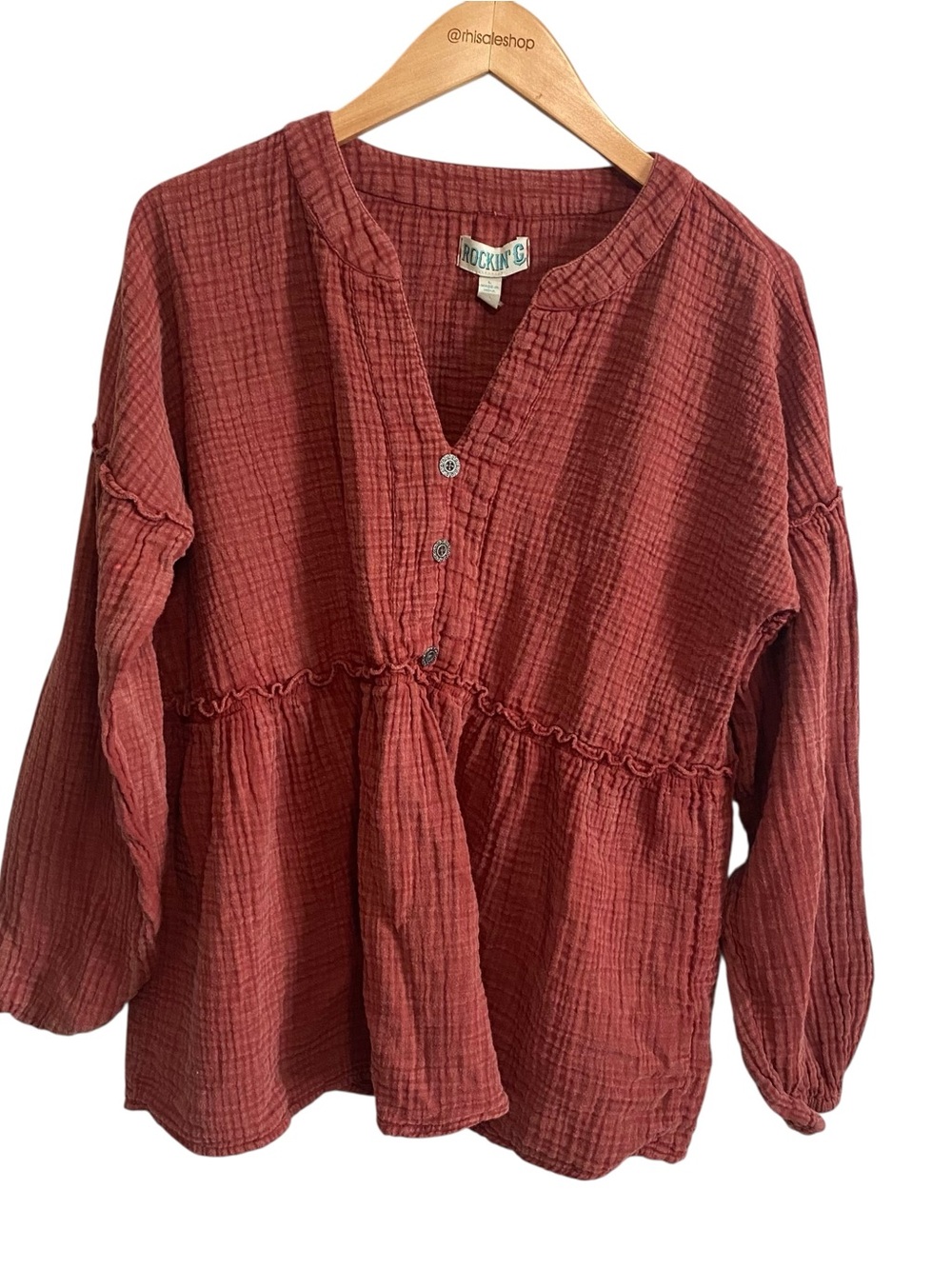 Rockin' C Women's Red Mineral Wash Long Sleeve Top Size Large - Picture 2 of 6